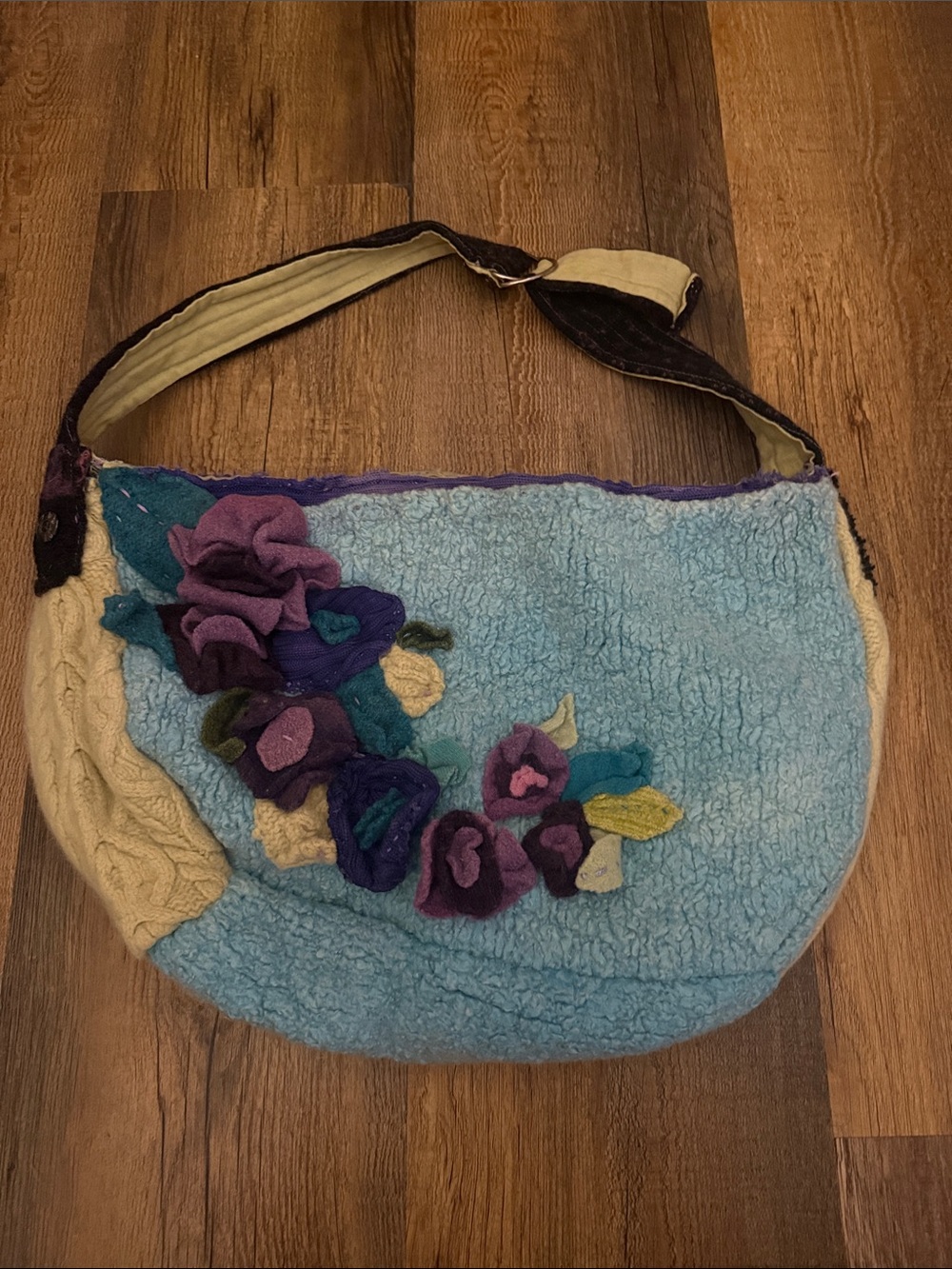 Urban Gypsy Design Unique Rare Blue Floral Appliqué Shoulder Bag. Boho
